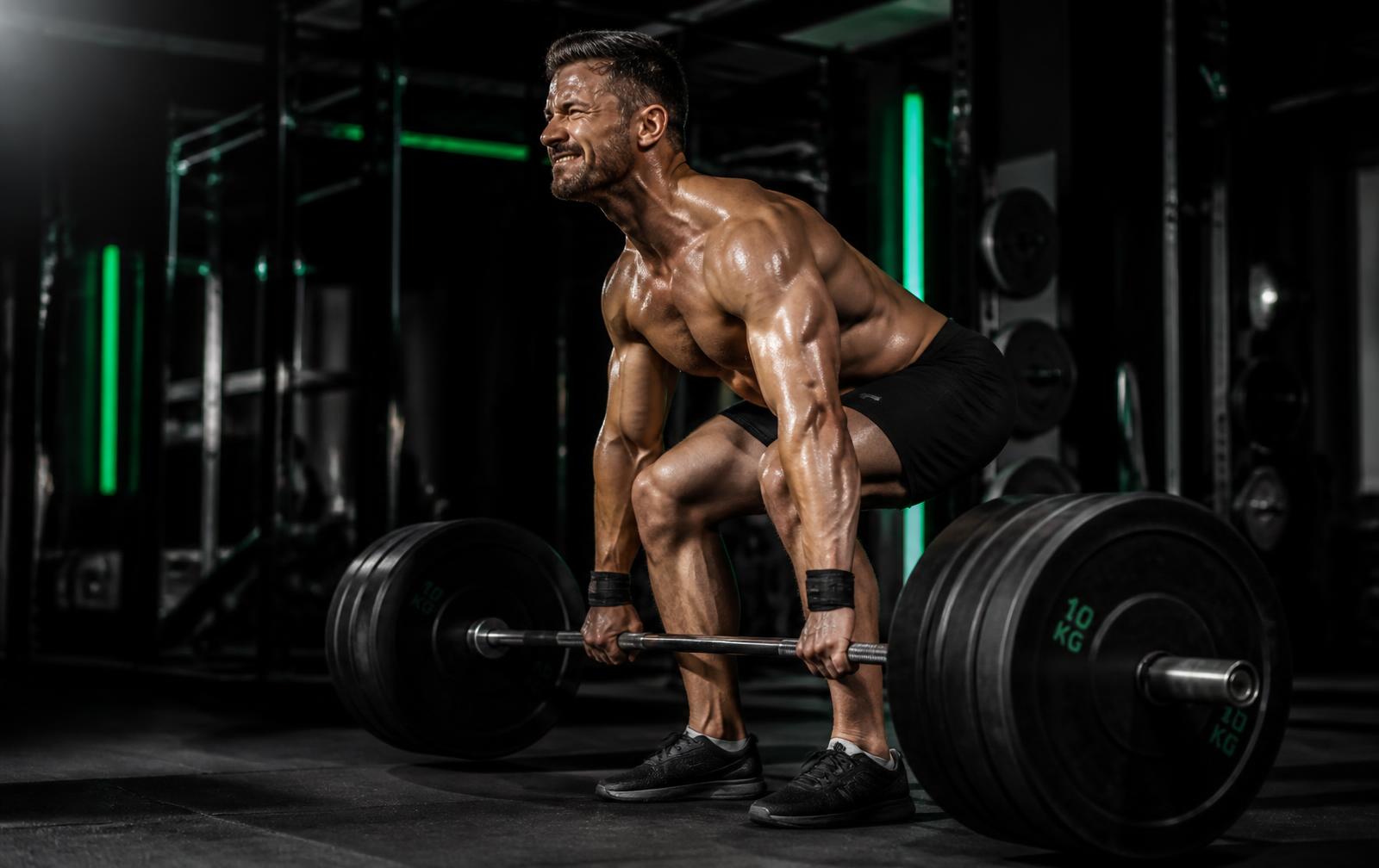 Homem musculoso treinando levantamento terra com barra em academia