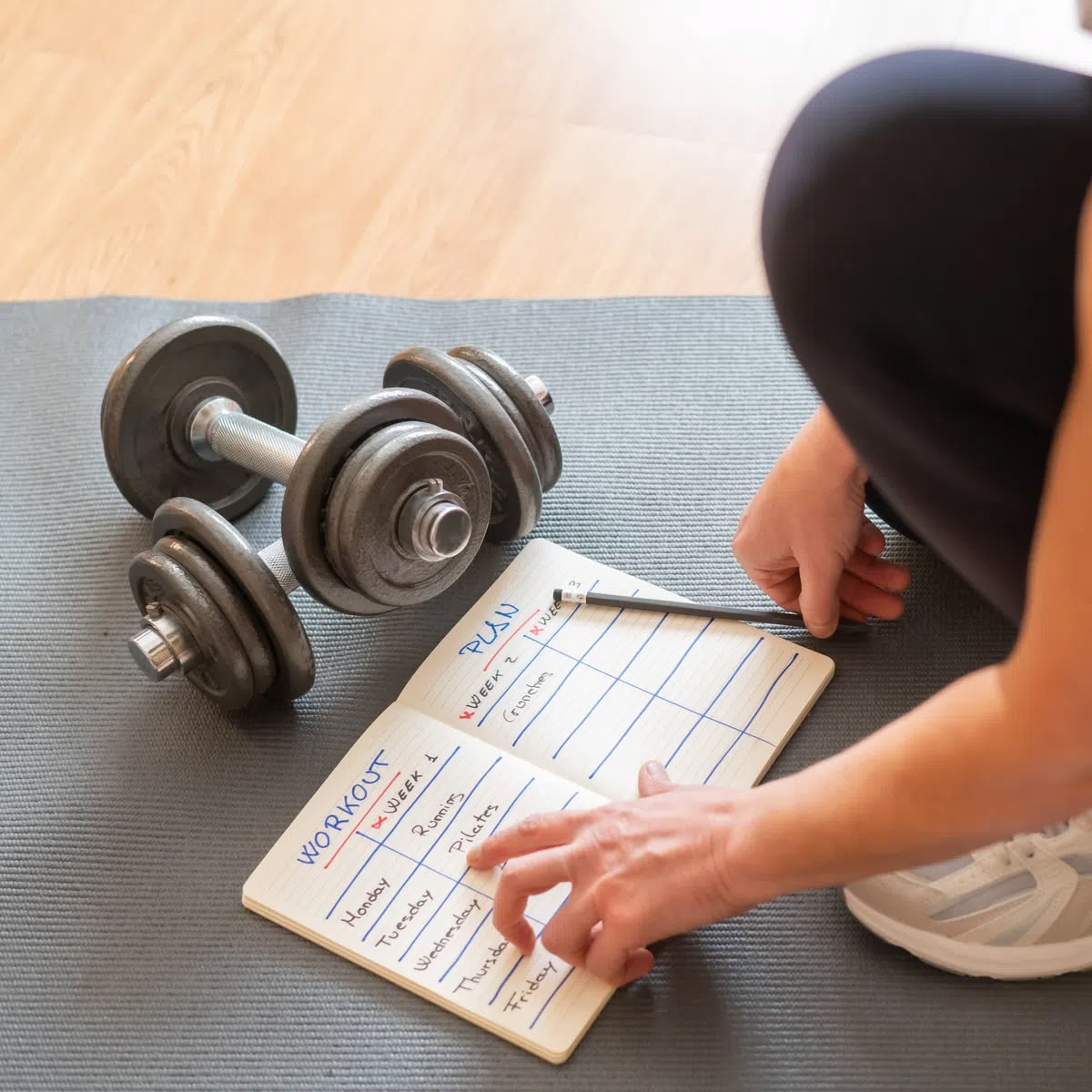 Caderno de planejamento de treino ao lado de halteres