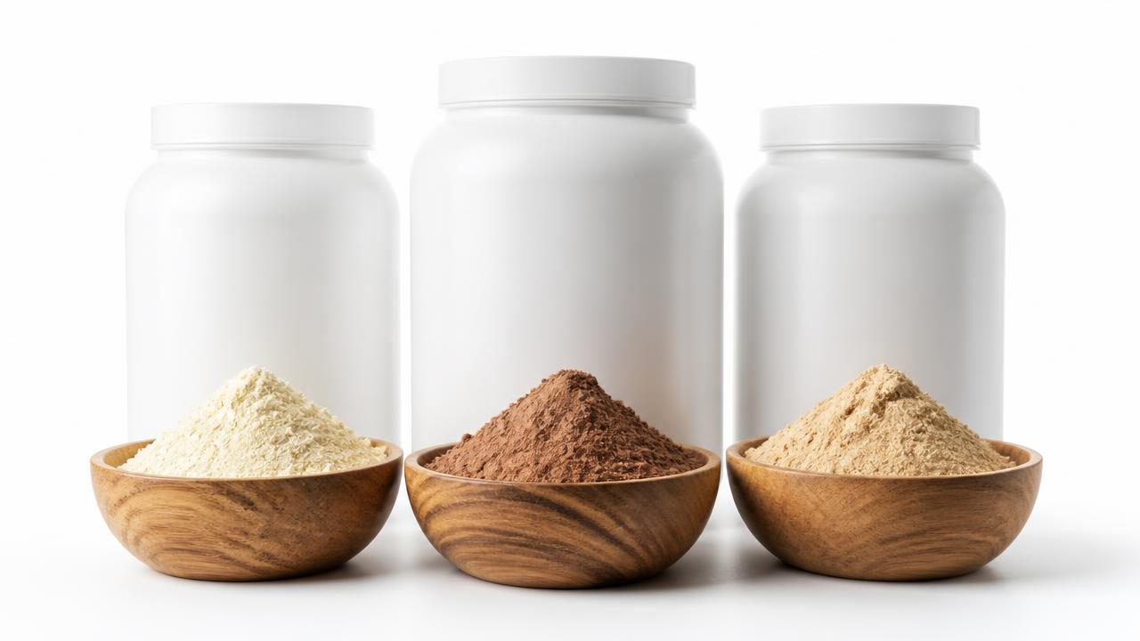 Três tipos de whey protein em pó em bowls, ao lado de potes brancos