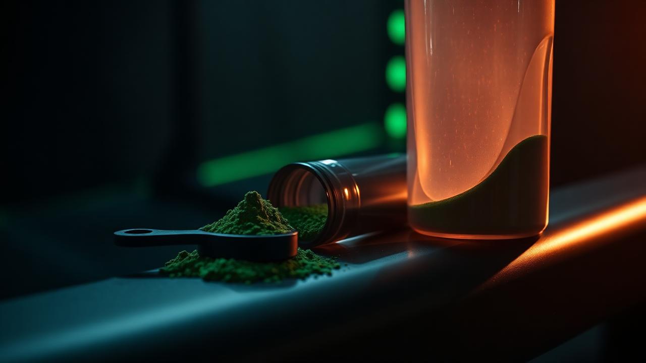 Dose de pré-treino em pó ao lado de uma coqueteleira em um banco de academia